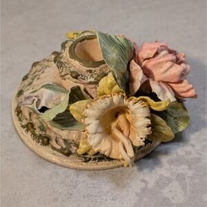 Vintage British Porcelain & Brass Candle Holder Hand-Assembled Floral Sculpture